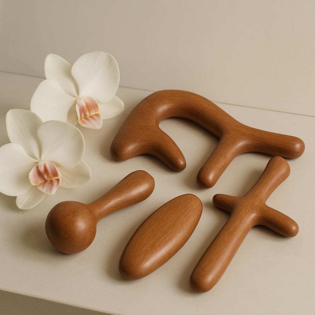 The alternative text for this image reads: "Four brown, smooth, rounded wooden massage tools laying on a cream-coloured su...