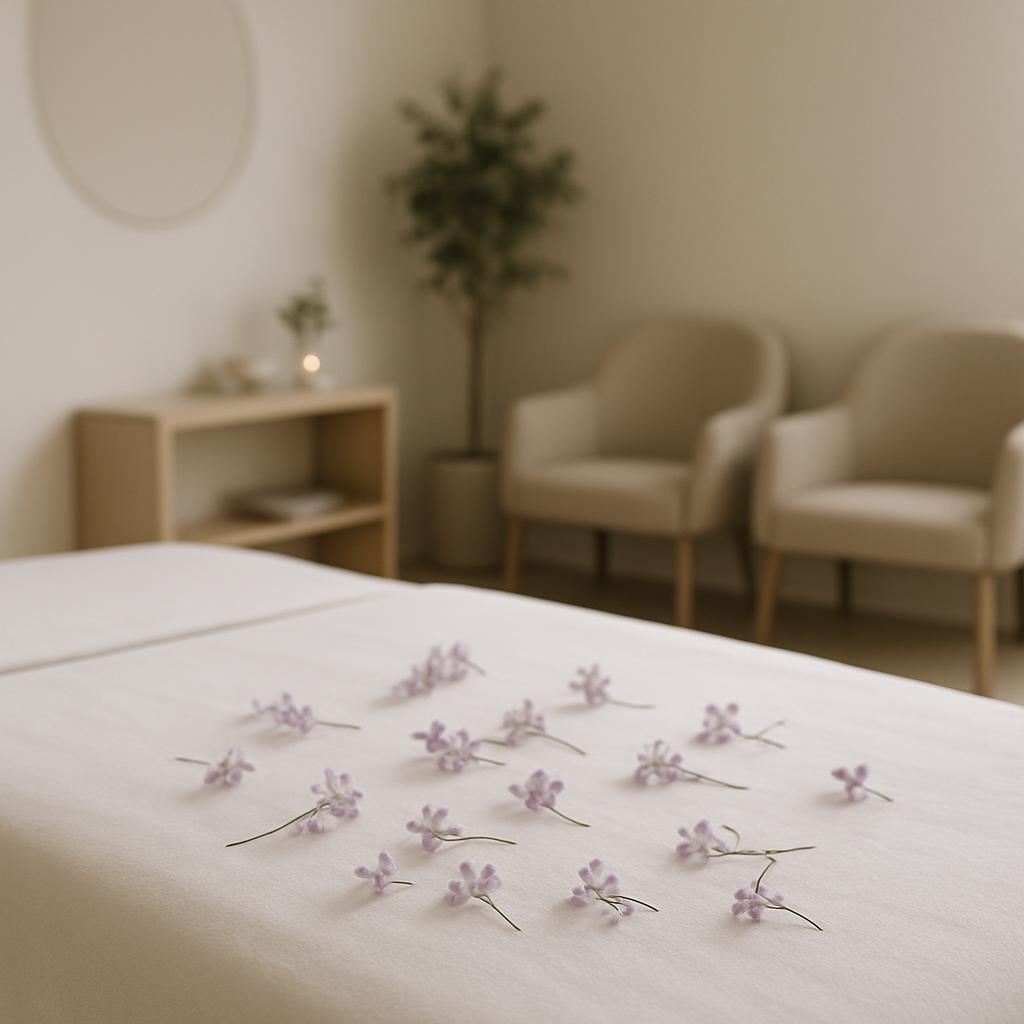 This image is of a bed with spring lilac flowers scattered on the right side, facing body straight ahead. The whole image ...