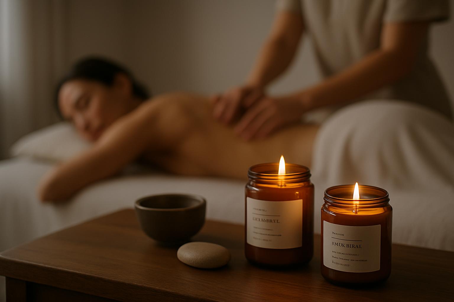 A serene candlelit massage scene features two amber glass jars of scented candles with their lids off and lit, accompanied...
