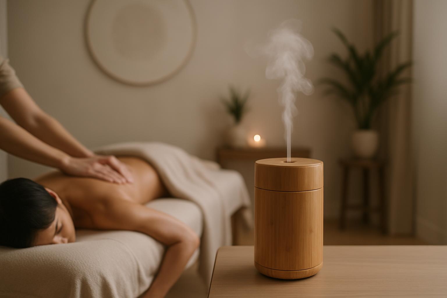 The alt text for the image is: Woman receiving a massage next to a woodgrain, cylindrical nebulizer.