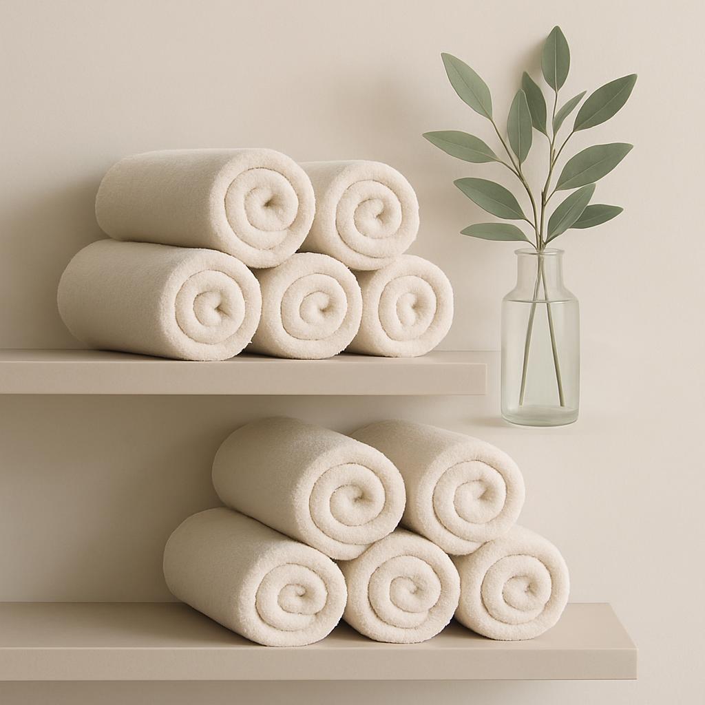 Stacked white towel rolls and vase with leaves.