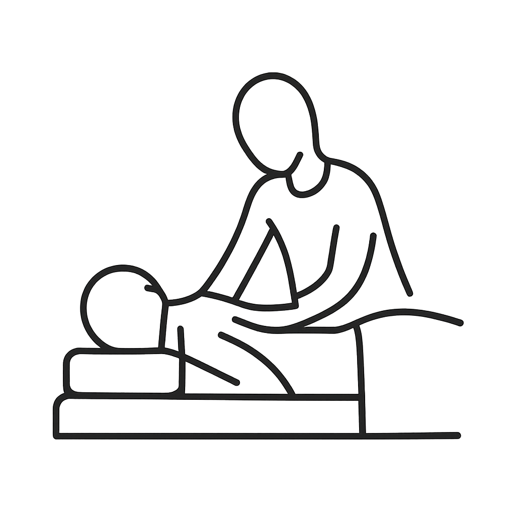 An outline of two people one performing 1st aid on the other punishing lying on a bed.